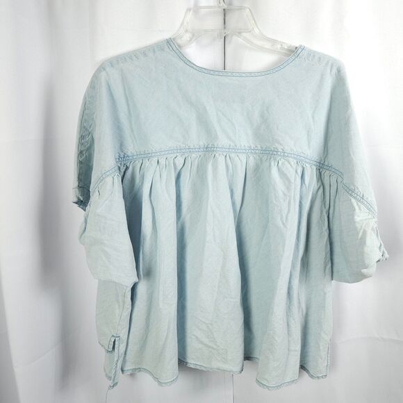 Lucky Brand Womens Large Blue Shrred Button Front Chambray Crop Top Shirt - Picture 3 of 8